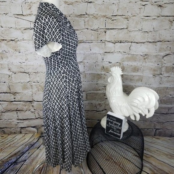 St John Collection Fit & Flare Midi Dress Black White Diamond Retro Party Silk 2 - Picture 2 of 8